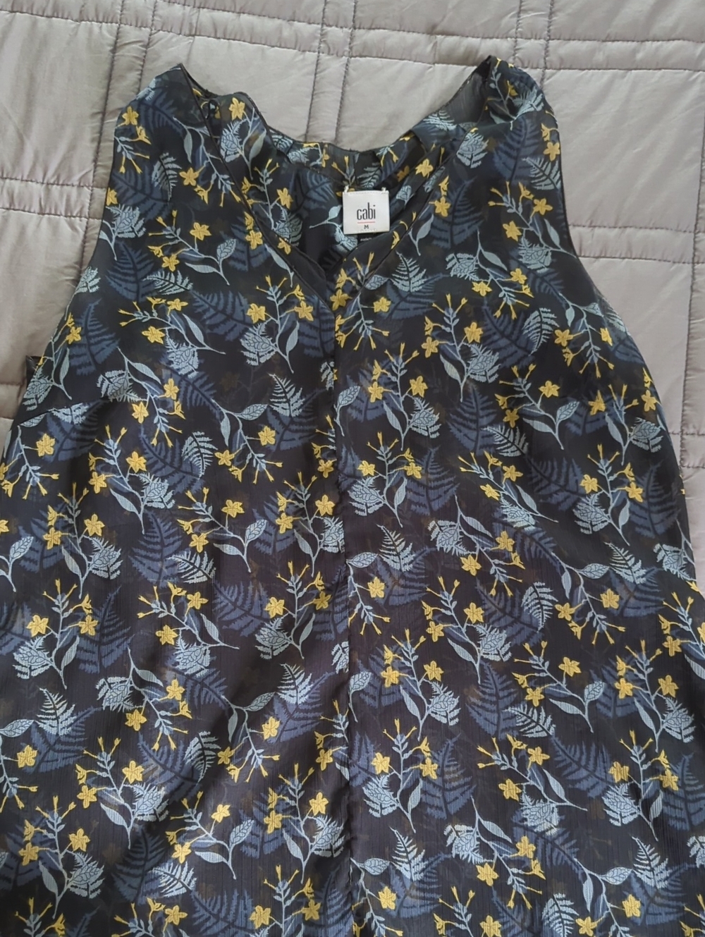 CAbi Blue Sleeveless V-Neck Tank Blouse with Yellow & Blue Floral/Fern Print